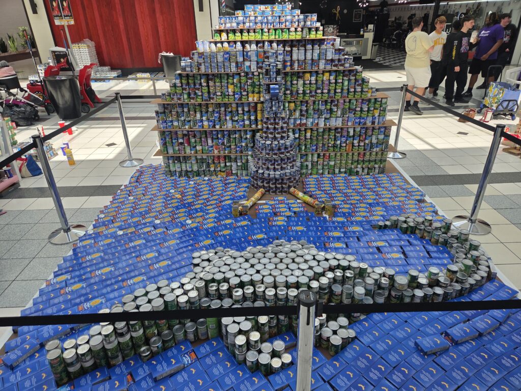 Peacock and Alligator made out of canned goods.
