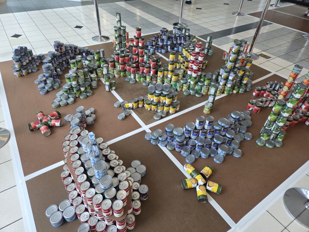 Fish, Crab, and coral made out of canned goods.